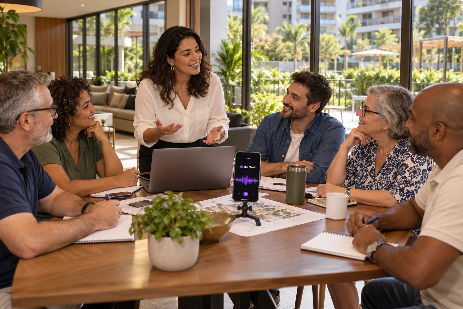 Moradores de um condomínio conversando em uma reunião acolhedora